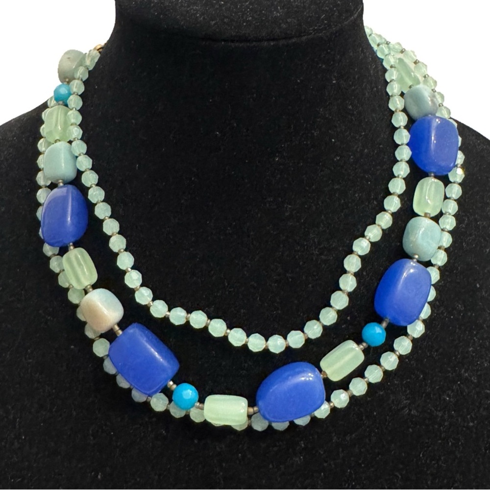 GEORGE VTG Blue Green Graduated Glass Beaded Choker Multi Strand Necklace Signed
